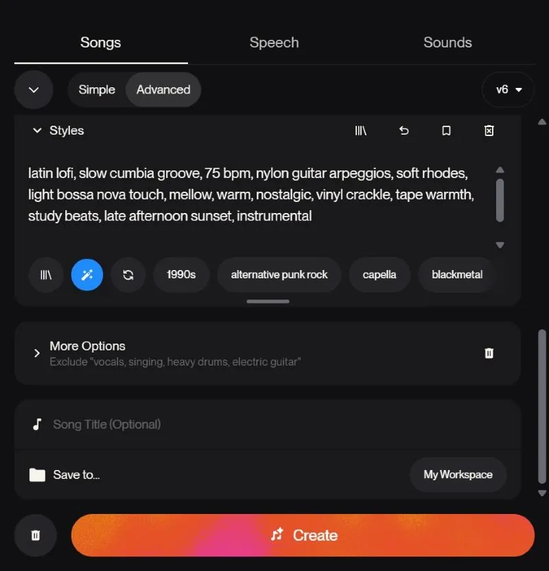 Prompt de estilo escrito en Suno